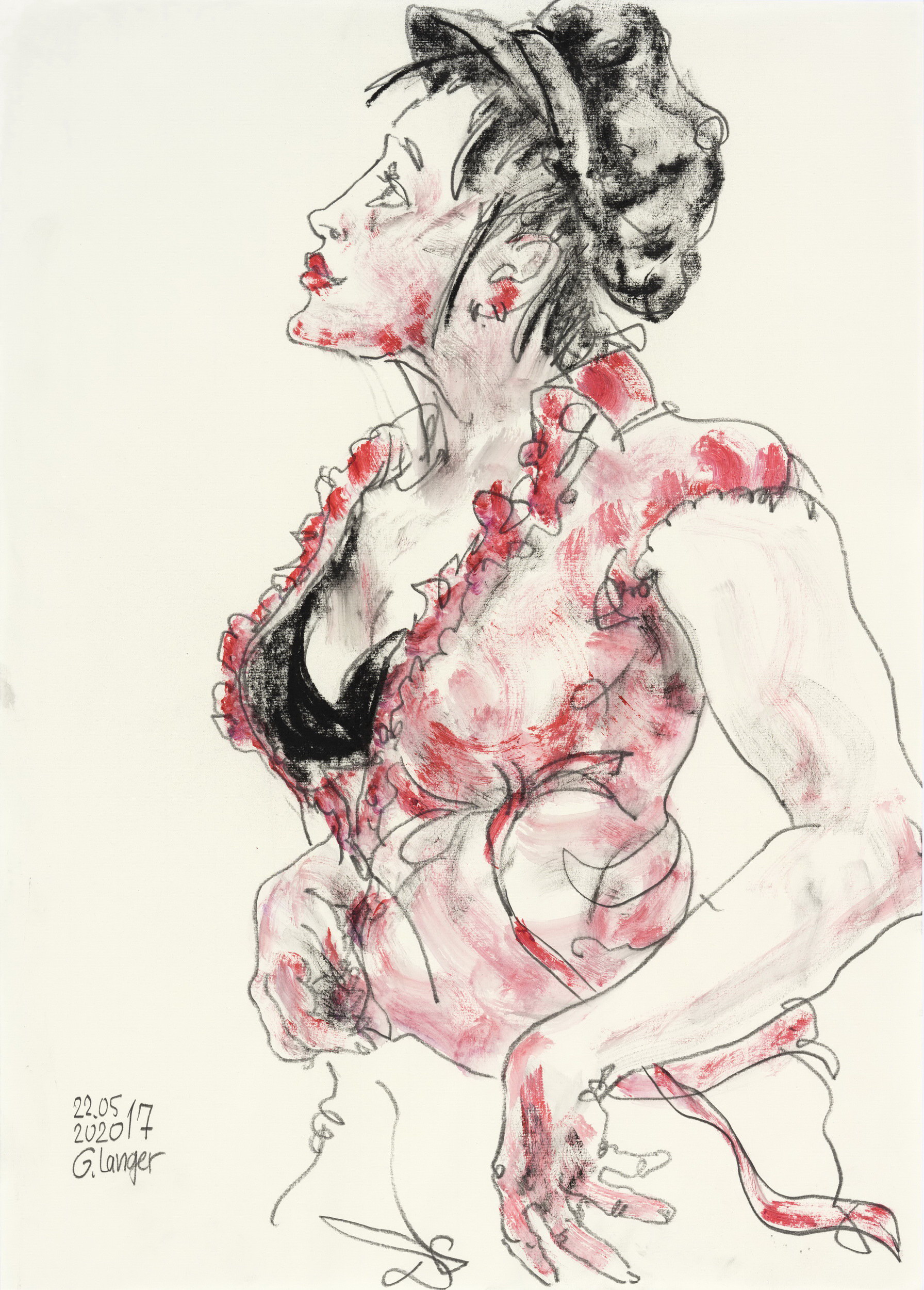 Gunter Langer, Junge Frau mit roter Bluse und schwarzer Mütze, 2020, Acryl Wasserfarbe Bleistift, Zeichenpapier, 70 x 50 cm